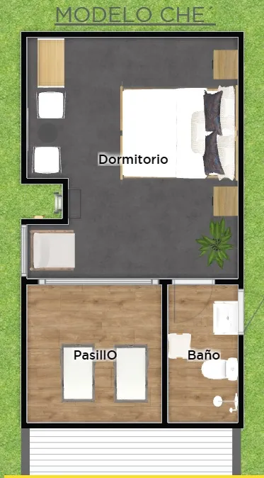 Plano arquitectónico de la cabaña Che' de 18 m² con distribución de materiales mixtos madera y piedra