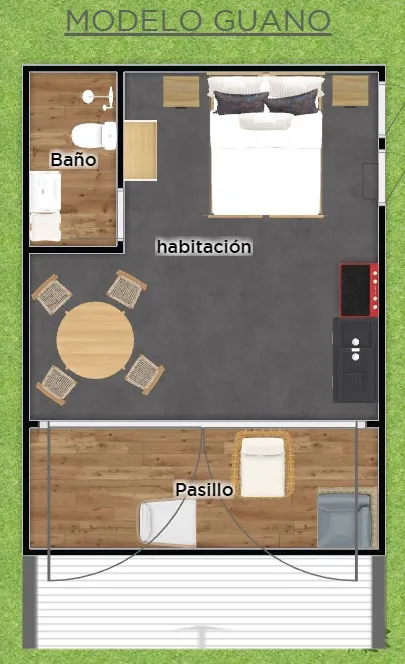 Plano arquitectónico de la cabaña Guano de 23.5 m² con techo de palma natural en Cancún Quintana Roo