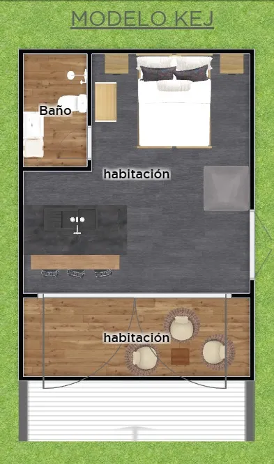 Plano arquitectónico de la cabaña Kej de 25 m² con grandes ventanales en Cancún Quintana Roo
