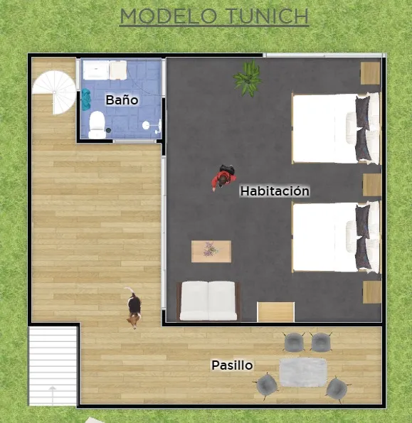 Plano arquitectónico de la cabaña Tunich de 33 m² con distribución de habitación, baño y terraza en Cancún Quintana Roo